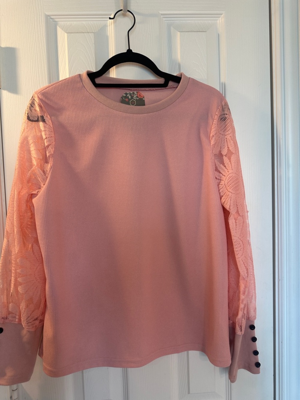 Women's Pink Lace-Sleeve Knit Top Medium